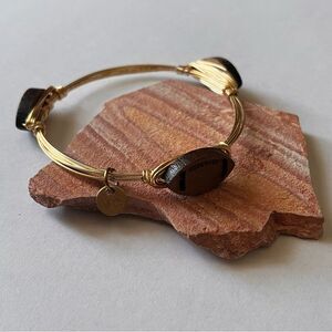 Ellie's Gold Tone Wire Wrapped with 3 Wooden Brown Footballs 3" Bangle Bracelet